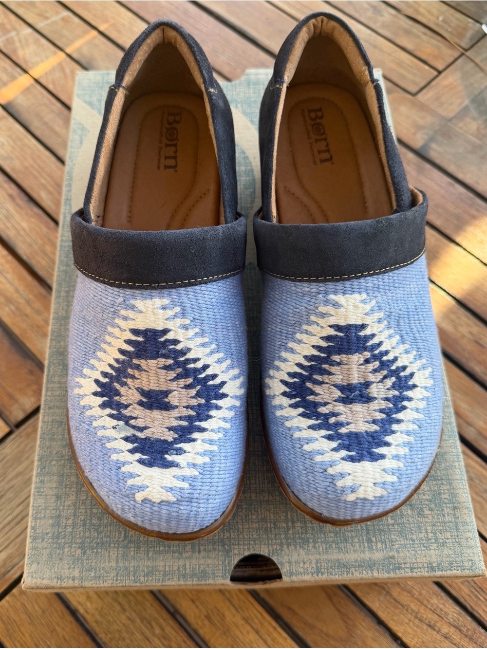 NWT - BORN Blue Aztec Mules Slip-On Women’s Size 7